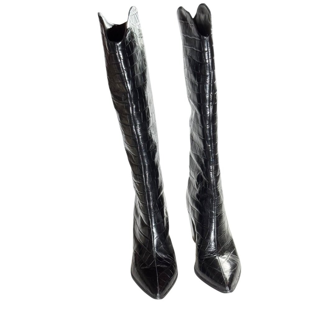 Schutz Mariana Black Crocodile-Embossed Leather Knee-High Black Boots 9.5B - Picture 9 of 14